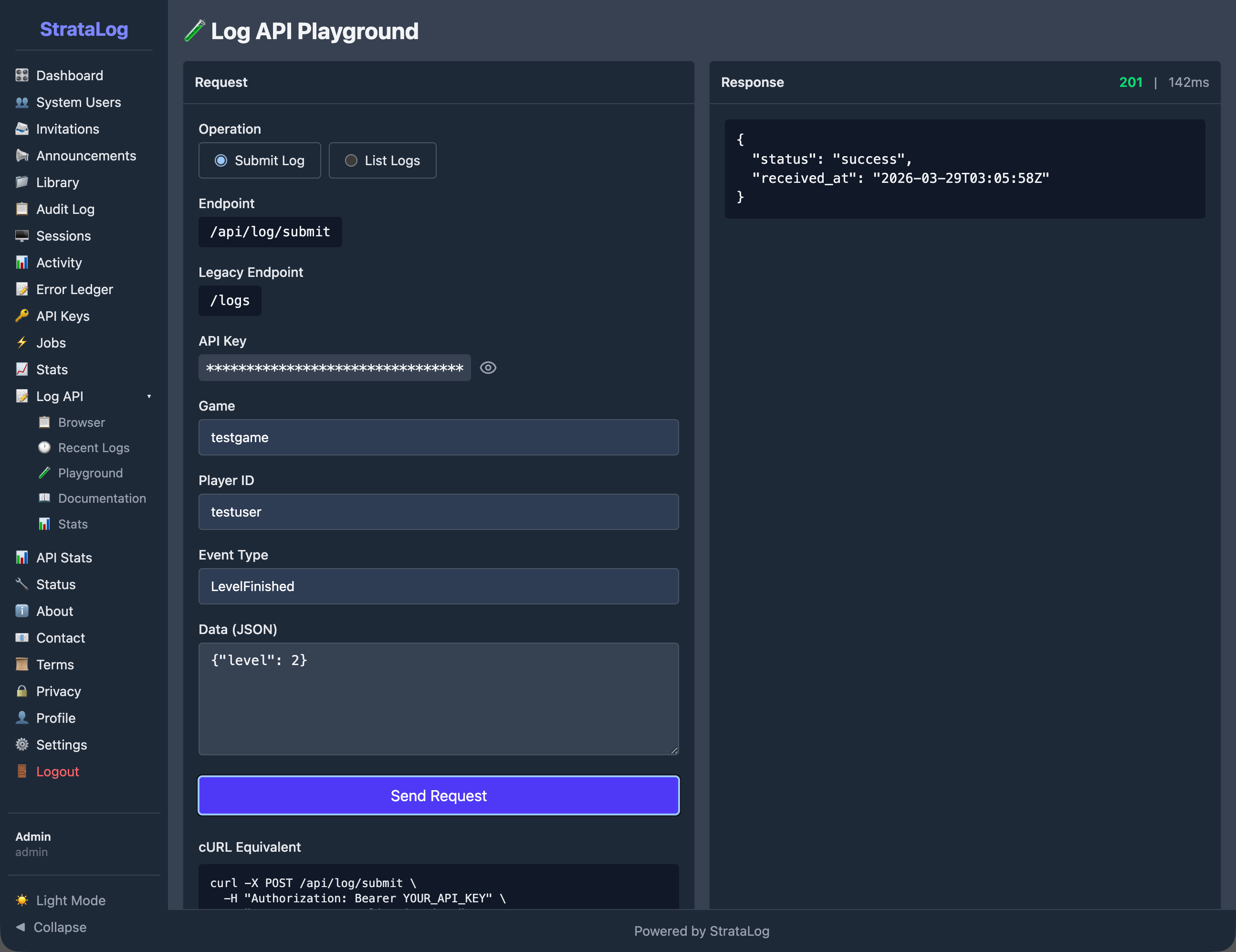 The Log API Playground showing an interactive interface for testing event submission with a successful response.
