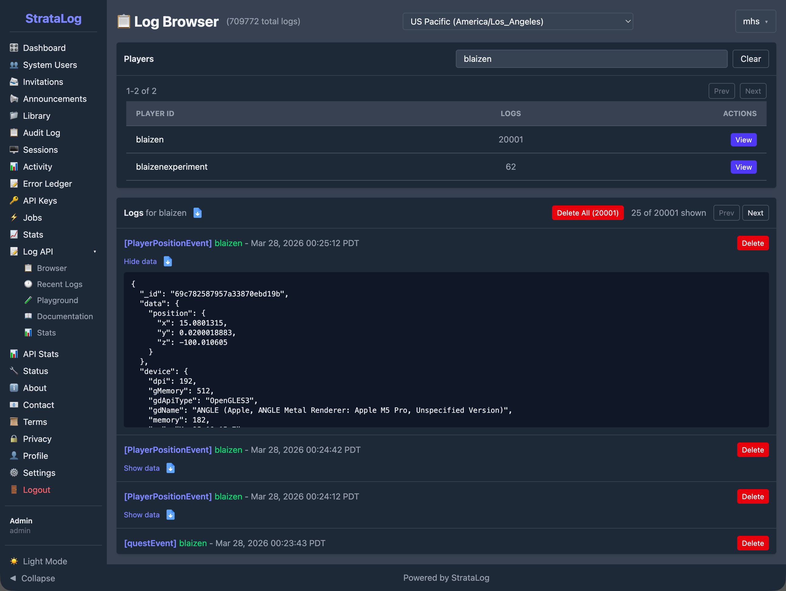 The Log Browser showing a list of players and their log counts with expandable event detail.