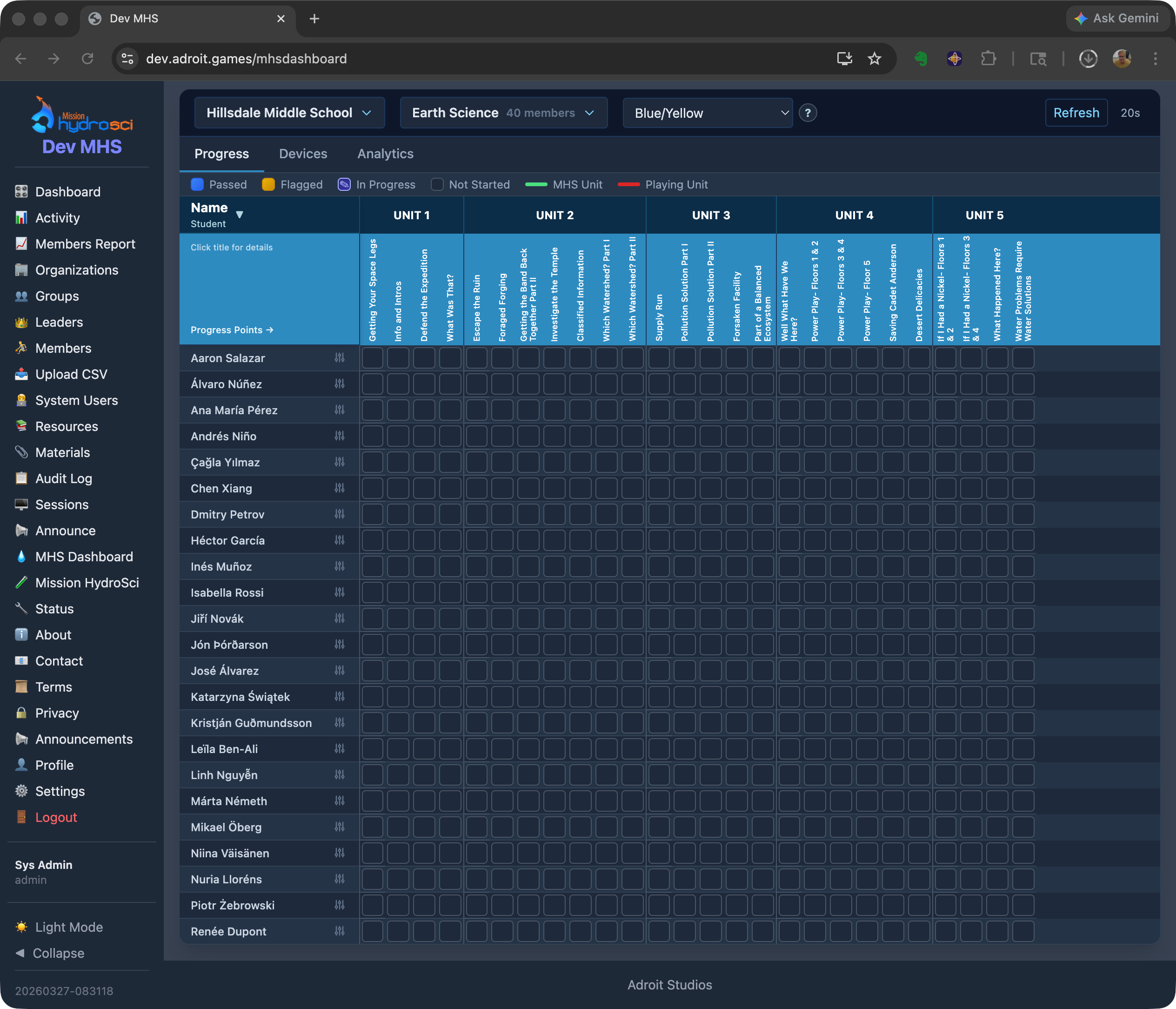 MHS Dashboard showing the progress grid for a class with color-coded cells for each progress point.
