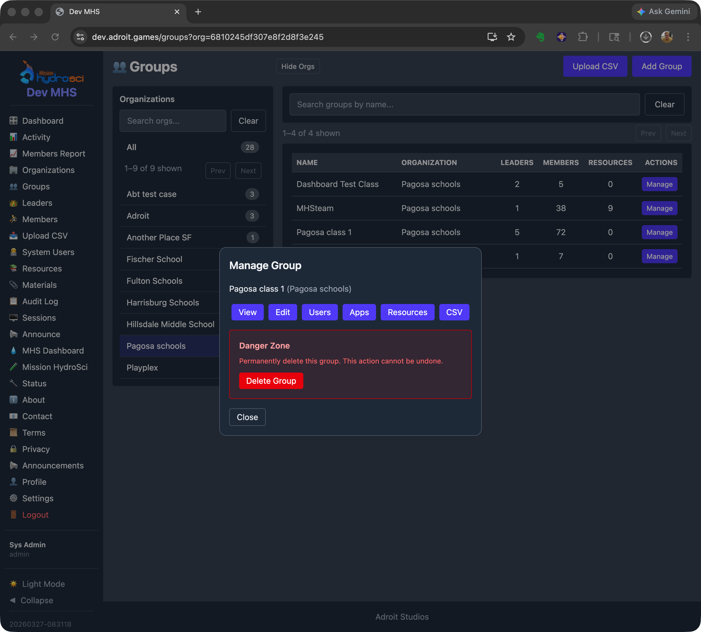 Groups management page with organization sidebar, group table, and Manage Group dialog.