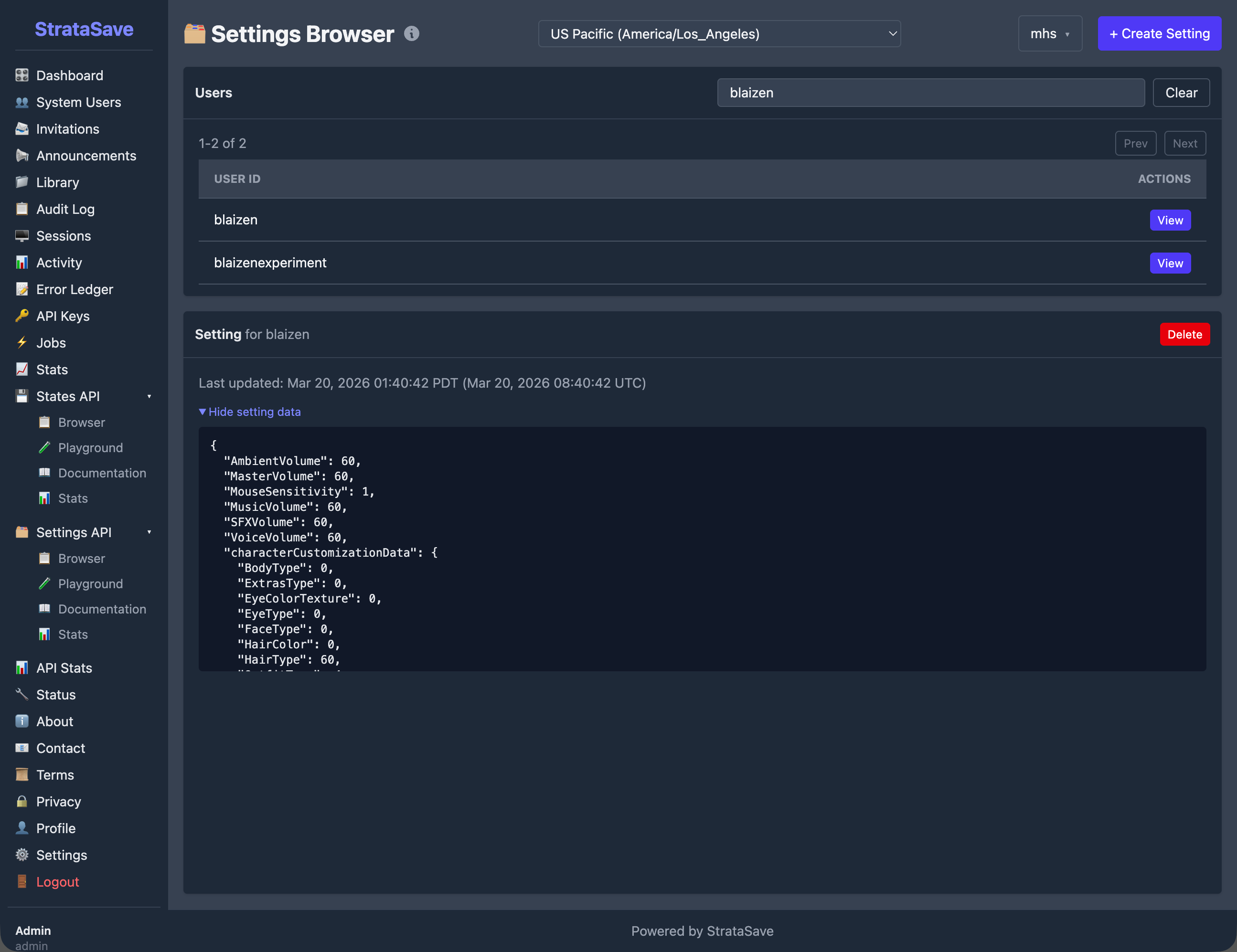 The Settings Browser showing a player's stored preferences including audio volumes and character customization.