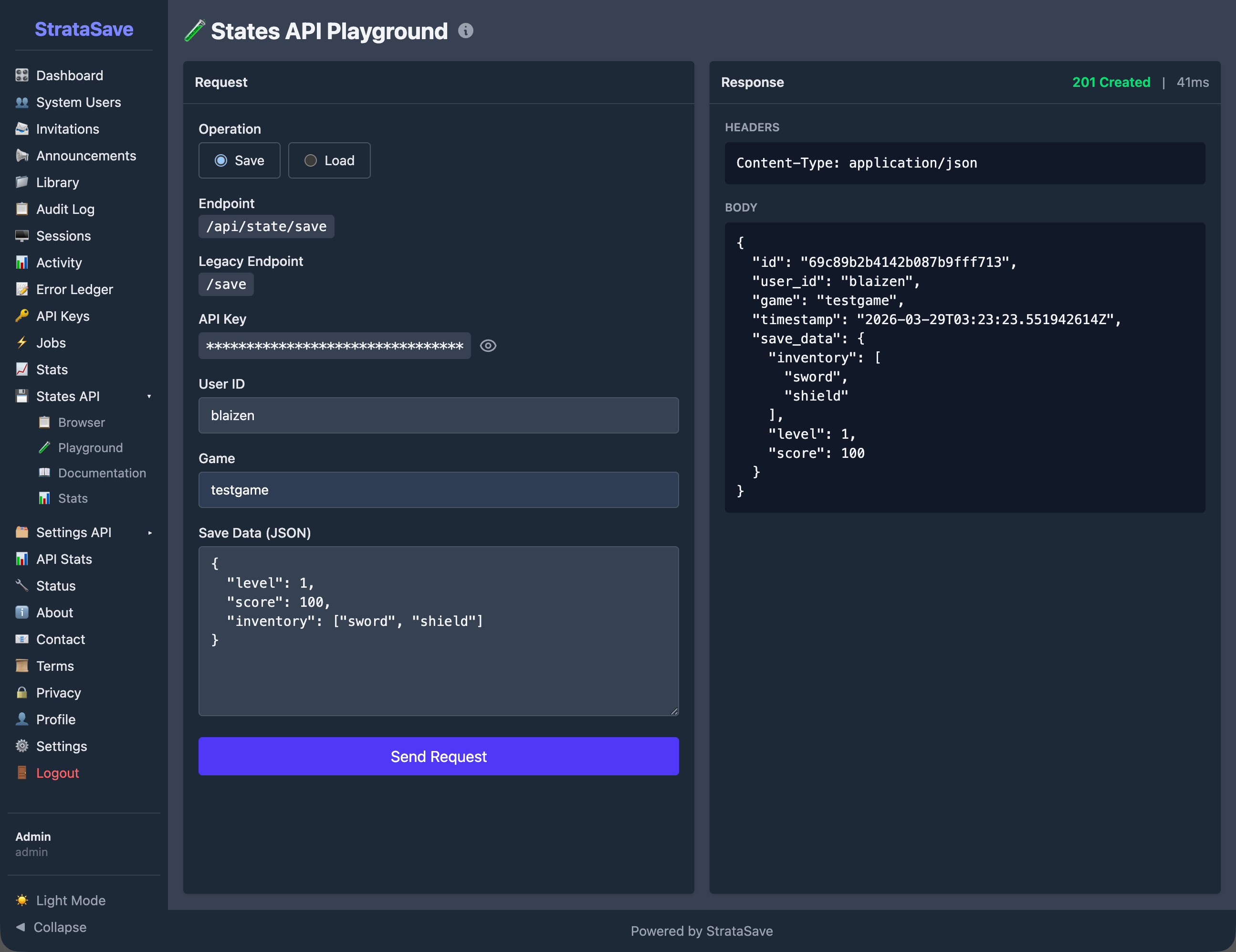 The States API Playground showing a test save request with a 201 Created response.