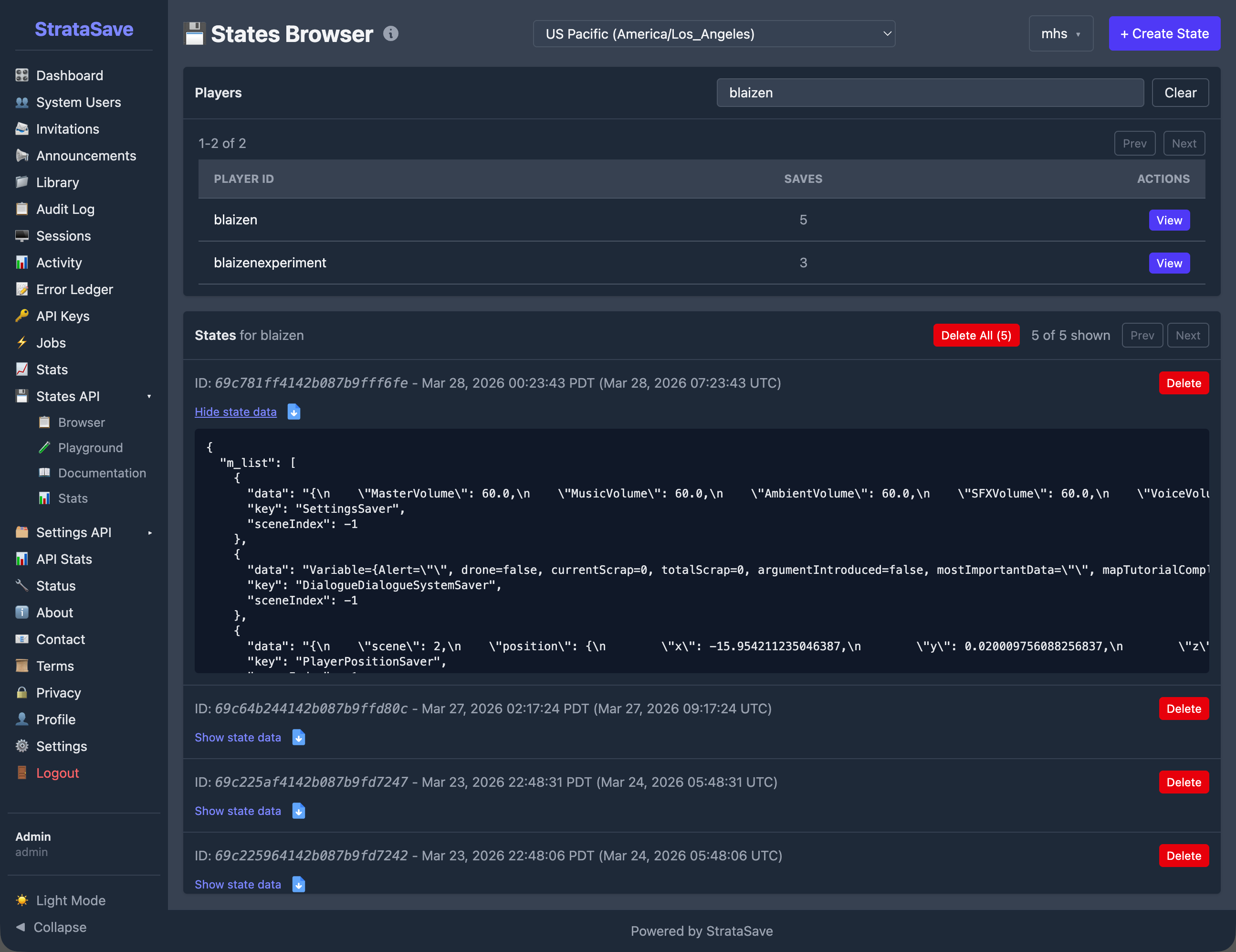 The States Browser showing a list of players with save counts and expandable game state detail.