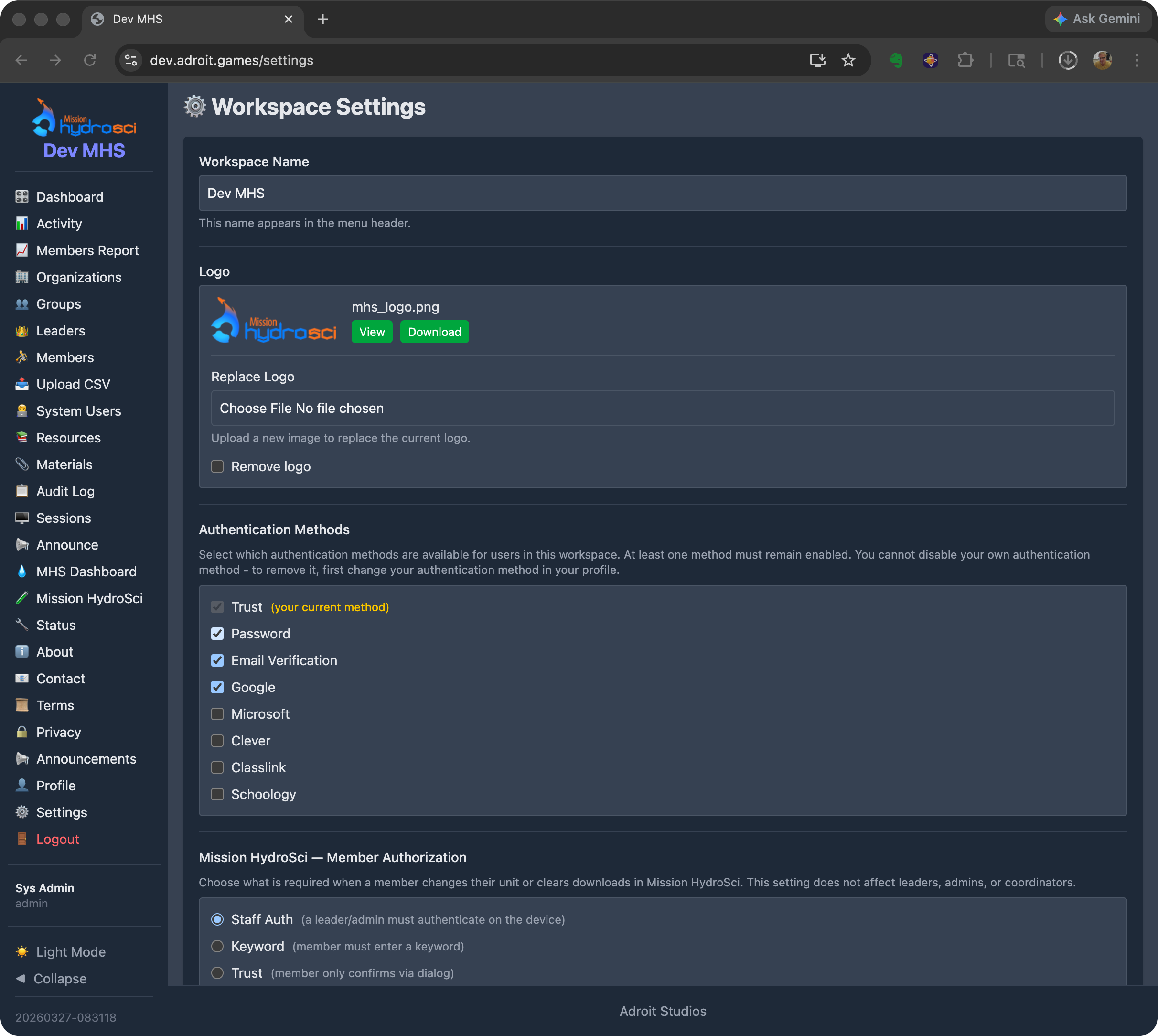 Workspace Settings page showing available authentication methods and Mission HydroSci member authorization options.
